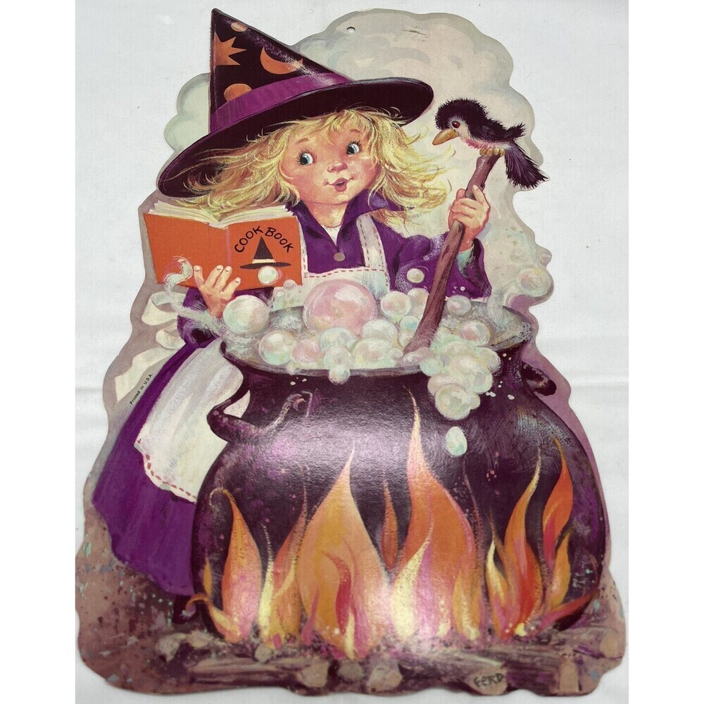 Vintage Halloween Die Cut Decoration Witch Cooking Cookbook Bird Cauldron USA - Picture 7 of 8